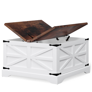 Easoger Farmhouse Coffee Table, Square Wood Center Table with Large Storage Space, Metal Corners for Living Room, White
