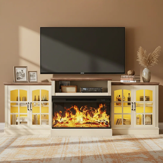 Easoger 97" TV Stand with Electric Fireplace, 3-Sided Glass Display Media Console for Over 100" TVs, Large Storage with Glass Doors & Shelves, LED Backlight, White + Light Walnut