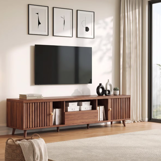 Easoger 70" TV Stand for TVs Up to 75", Modern Farmhouse Entertainment Center with 2 Doors & Open Storage, Walnut Finish with Lattice Door Design, Media Console