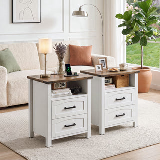 Easoger Farmhouse Nightstand Set of 2 with Charging Station, 18" Wide Rustic End Table with USB/Type-C Ports & 2 Drawers for Bedroom, White+Walnut