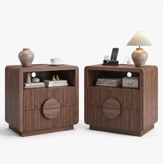 Easoger Nightstand with Charging Station, 24" H 2-Drawer Side Table with USB & Type-C Ports, Slatted Wood End Table for Bedroom Living Room Office, Walnut