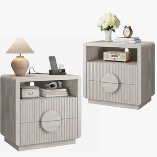 Easoger Nightstand with Charging Station, 24" H 2-Drawer Side Table with USB & Type-C Ports, Slatted Wood End Table for Bedroom Living Room Office, Gray