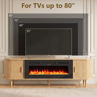 Easoger 70" Fluted Fireplace TV Stand, Mid Century Modern Entertainment Center with 36" Electric Fireplace for TVs up to 75", Console with Sliding Doors & Solid Wood Legs for Living Room,Oak
