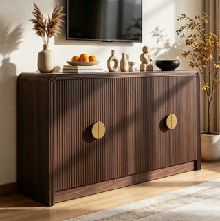 Easoger 55" Fluted Buffet Sideboard Cabinet, Mid-Century Modern Walnut Credenza Console with Adjustable Shelves, Wavy Grain Doors & Anti-Tip for Dining Room, Living Room, Entryway