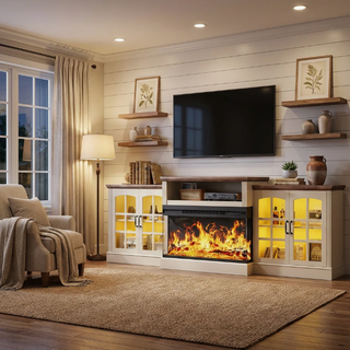 Easoger 97" TV Stand with Electric Fireplace, 3-Sided Glass Display Media Console for Over 100" TVs, Large Storage with Glass Doors & Shelves, LED Backlight, White + Light Walnut