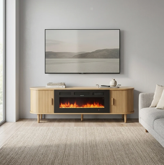 Easoger 70" Fluted Fireplace TV Stand, Mid Century Modern Entertainment Center with 36" Electric Fireplace for TVs up to 75", Console with Sliding Doors & Solid Wood Legs for Living Room,Oak