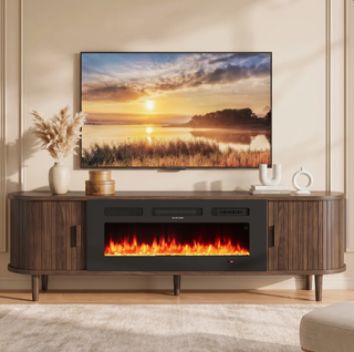Easoger 80 inch Electric Fireplace TV Stand for 90 inch TVs, Modern Entertainment Center with Storage Shelves, Remote Control Adjustable Flame & Heat for Living Room,Walnut