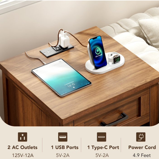 Easoger Farmhouse Nightstand Set of 2 with Charging Station & Large Storage, End Tables with Outlets & USB Ports for Bedroom, Walnut