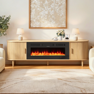 Easoger 70" Fluted Fireplace TV Stand, Mid Century Modern Entertainment Center with 36" Electric Fireplace for TVs up to 75", Console with Sliding Doors & Solid Wood Legs for Living Room,Oak