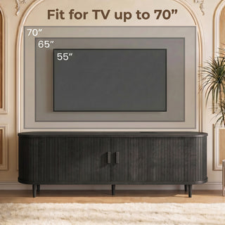 Easoger 65" Sliding Door TV Stand with Charging Station, Fluted Vertical Grille Wood Entertainment Center, Curved Oval Shape Storage Cabinet,Black