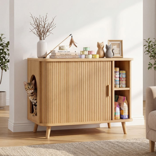 Easoger Cat Litter Cabinet Enclosure with Sliding Doors, Wooden Cat Furniture Cabinet with 2 Storage Shelves & Top Table, Kitty-Friendly Round Entry, Hide Messy,Oak