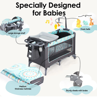 EVMORE Foldable Baby Bedside Bassinet, 5-in-1 Baby Bed Playard with Changing Table, Storage Shelf, Music for Newborn Toddlers, 0-36 Months