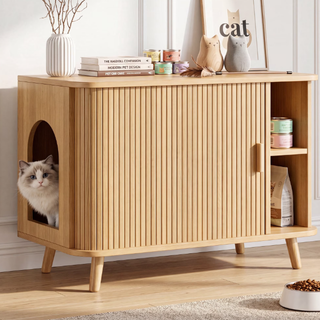 Easoger Cat Litter Cabinet Enclosure with Sliding Doors, Wooden Cat Furniture Cabinet with 2 Storage Shelves & Top Table, Kitty-Friendly Round Entry, Hide Messy,Oak