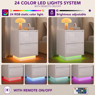 Easoger Nightstand Set of 2 with LED Lights, 2 Drawers & USB Ports, Modern End Tables for Bedroom Living Room, White