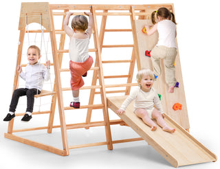 Indoor Baby Climbing Toys, Playground Jungle Gym Montessori Waldorf Style Wooden Toddlers Climber Playset for Children Kids 2-7 with Slide, Climbing Wall, Rope Wall Net, Swing, Ladder