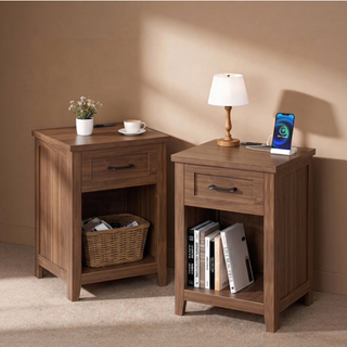 Easoger Farmhouse Nightstand Set of 2 with Charging Station & Large Storage, End Tables with Outlets & USB Ports for Bedroom, Walnut