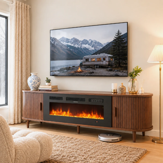 Easoger 80 inch Electric Fireplace TV Stand for 90 inch TVs, Modern Entertainment Center with Storage Shelves, Remote Control Adjustable Flame & Heat for Living Room,Walnut