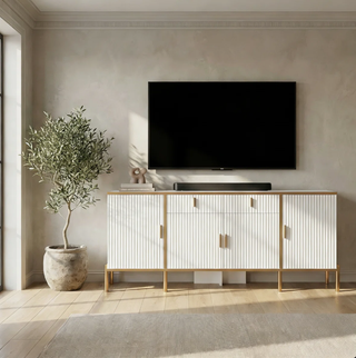 Easoger 60" Sideboard Buffet Cabinet with Gold Accents, Modern Fluted Storage Cabinet for Living Room Dining Room, Adjustable Shelves,White