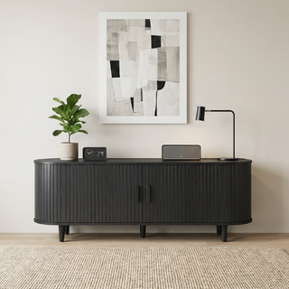 Easoger 65" Sliding Door TV Stand with Charging Station, Fluted Vertical Grille Wood Entertainment Center, Curved Oval Shape Storage Cabinet,Black