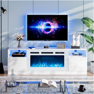 Easoger Fireplace TV Stand for TVs up to 80", TV Stand with 36'' Electric Fireplace, LED Lights Entertainment Center, TV Console, White