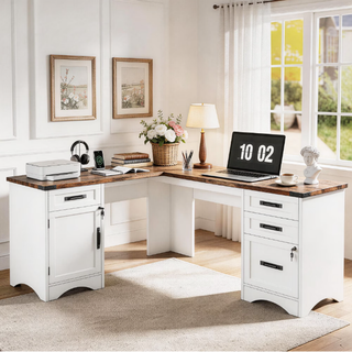 Easoger 67" L-Shaped Desk with Charging Station & Storage, Farmhouse Executive Office Desk with 4 Drawers & Locking File Cabinet, USB/Type-C Ports, White & Brown