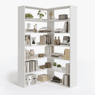 Easoger 35.2 inch 6-Tier Corner Bookshelf with Baffles, L-Shaped Tall Bookcase for Home Office, Space-Saving Storage Shelf with Anti-Tip Device for Bedroom Living Room, White