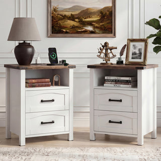 Easoger Farmhouse Nightstand Set of 2 with Charging Station, 18" Wide Rustic End Table with USB/Type-C Ports & 2 Drawers for Bedroom, White+Walnut