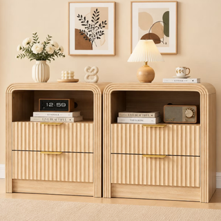 Easoger Set of 2 Fluted Nightstand with Charging Station, 19.7" Wide Bedside Table with USB & Type-C Ports, 2 Drawers & Open Shelf, Curved Oak End Table for Bedroom
