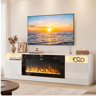 Easoger 80” Fireplace TV Stand for TVs up to 90", TV Stand with 36'' Electric Fireplace, LED Lights Entertainment Center, TV Console,White