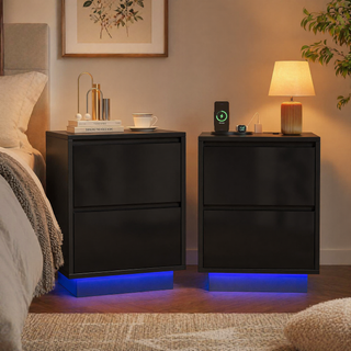 Easoger Nightstand Set of 2 with LED Lights, 2 Drawers & USB Ports, Modern End Tables for Bedroom Living Room, Black