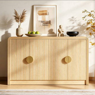 Easoger 55" Fluted Buffet Sideboard Cabinet, Modern Mid Century Console Cabinet with Adjustable Shelves & Wavy Grain Doors for Living Room, Oak color