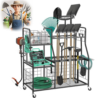 3 - Tier Garden Tool Organizer with Wheels and Extra Storage Basket - Ideal for Shed, Garage, Garden, Yard, and Lawn