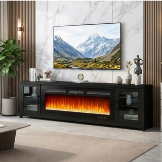 Easoger Fireplace TV Stand for TVs up to 90", 80" TV Stand with 50" Electric Fireplace, Entertainment Center with Glass Doors, Black