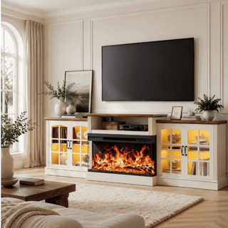 Easoger 97" TV Stand with Electric Fireplace, 3-Sided Glass Display Media Console for Over 100" TVs, Large Storage with Glass Doors & Shelves, LED Backlight, White + Light Walnut