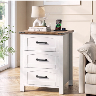 Easoger Farmhouse 3-Drawer Nightstands with Charging Station & USB-C, 18" Wide Rustic White Wood Bedside Table for Bedroom