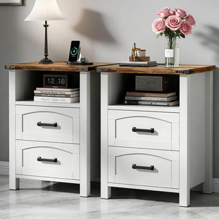 Evmore 2-Drawer Nightstand Set with Charging Station, 18" Farmhouse Bedside Tables with Open Storage Shelf & USB-C, White and Walnut Wood End Tables for Small Bedrooms