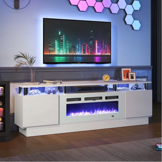 Easoger 70” Fireplace TV Stand, Entertainment Center for TVs up to 80", with 36'' Electric Fireplace, LED Lights Entertainment Center, TV Console, White