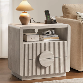 Easoger Set of 2 Nightstand with Charging Station, 23" H 2-Drawer Side Table with USB & Type-C Ports, Slatted Wood End Table for Bedroom Living Room Office, Gray