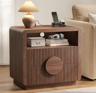 Easoger Nightstand with Charging Station, 24" H 2-Drawer Side Table with USB & Type-C Ports, Slatted Wood End Table for Bedroom Living Room Office, Walnut