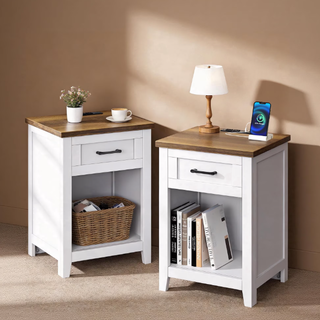 Easoger Farmhouse Nightstand Set of 2 with Charging Station & Large Storage, End Tables with Outlets & USB Ports for Bedroom,Walnut+White