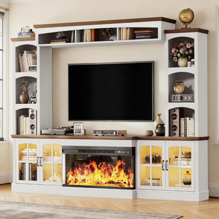 Easoger 98" Wall Unit Entertainment Center with 3-Sided Electric Fireplace, Farmhouse TV Stand for TVs Up to 70", Large Storage with Glass Doors & Shelves, White+Light Walnut