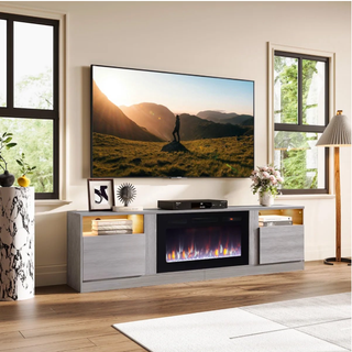 Easoger 80” Fireplace TV Stand for TVs up to 90", TV Stand with 36'' Electric Fireplace, LED Lights Entertainment Center, TV Console, Gray