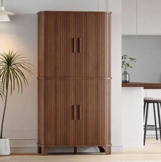 Easoger 69" Tall Kitchen Pantry Storage Cabinet with Sliding Door, Modern Curved Edge Pantry Cabinet with 5 Shelves for Dining Room, Walnut