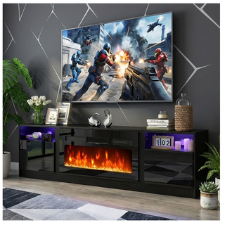Easoger Fireplace TV Stand for TVs up to 90", 80" TV Stand with 36" Electric Fireplace, With 12 Color LED Lights Entertainment Center, Black
