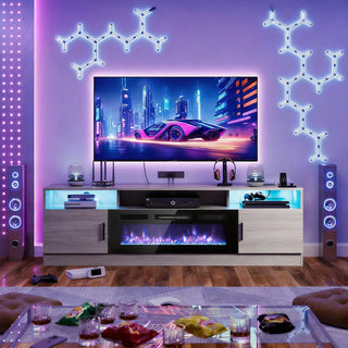 Easoger 70" Fireplace TV Stand, Gaming Media Console with 12 Color LED Backlights & 3 Outlets, Storage Shelves & Cabinets, Grey