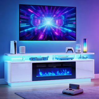 Easoger 70" 2-Tier TV Stand with 36" Electric Fireplace, Modern Entertainment Center with LED Lights & Acrylic Legs, Media Console for TVs up to 80" for Living Room,White