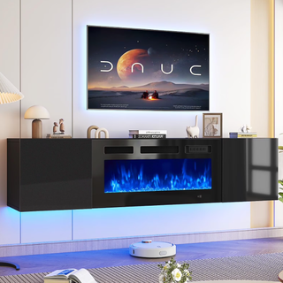 Easoger Floating TV Stand with 36" Electric Fireplace, Wall Mounted Fireplace Entertainment Center with Storage for TVs Up to 80", Adjustable Partition, Black/White (All Black)