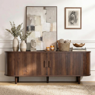 Easoger 65" Sliding Door TV Stand with Charging Station, Fluted Vertical Grille Wood Entertainment Center, Curved Oval Shape Storage Cabinet,Walnut