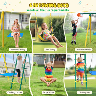 Metal Swing Sets for Backyard,Heavy-Duty Outdoor Kids Playsets for Playground,Outside Toys with 2 Swings,Trapeze Bar and Basketball Hoop for Aged 3-12