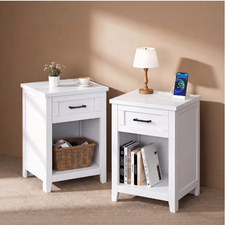 Easoger Farmhouse Nightstand Set of 2 with Charging Station & Large Storage, End Tables with Outlets & USB Ports for Bedroom, White